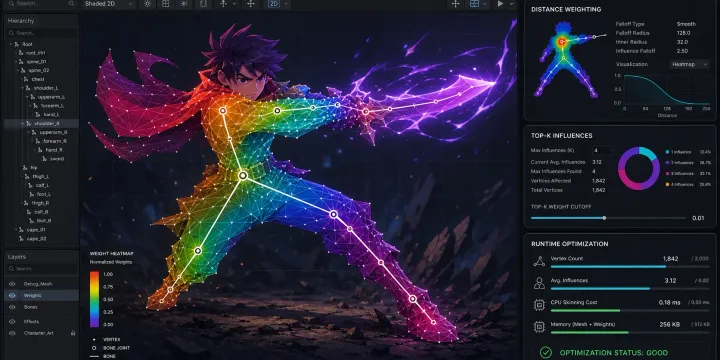 Spine 2D 캐릭터 아트: AI 메시 자동 바인딩과 뼈대 웨이트 연산 적용법 썸네일