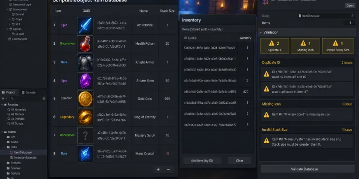 Unity ScriptableObject 아이템 데이터베이스와 인스펙터 툴 확장 구현법 썸네일