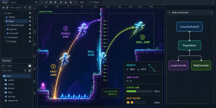 Godot 4 이중 점프와 벽 타기: 노드 아키텍처로 안정적으로 구현하는 방법 썸네일