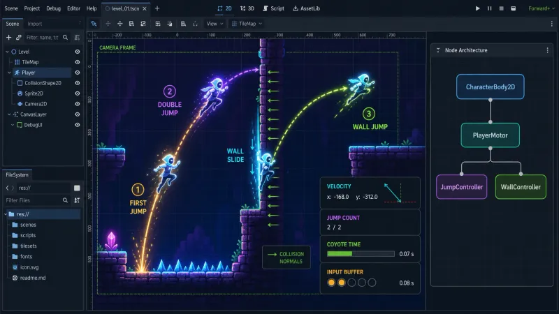 Godot 4 이중 점프와 벽 타기: 노드 아키텍처로 안정적으로 구현하는 방법
