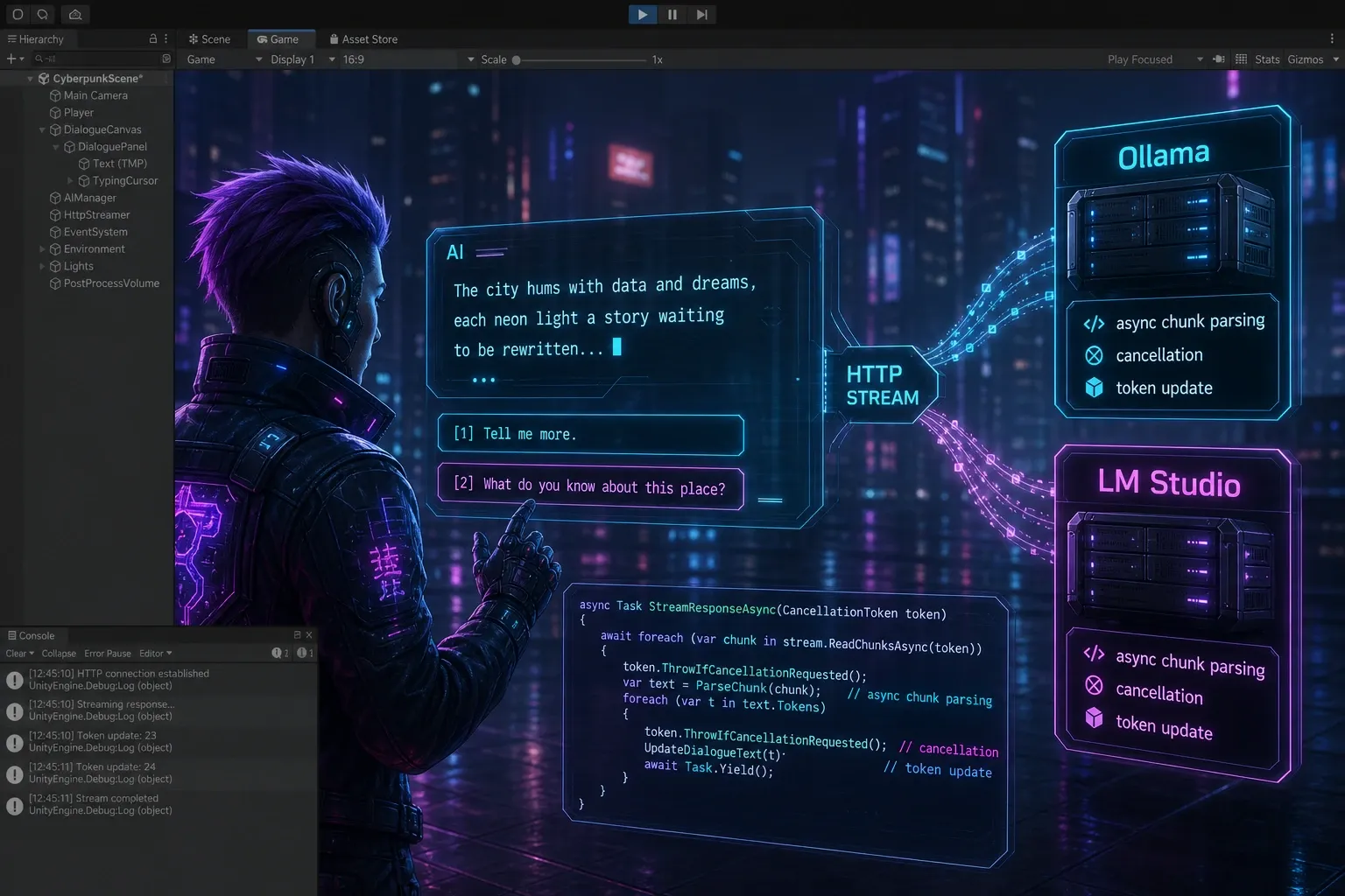 Unity 클라이언트가 Ollama와 LM Studio 로컬 서버에 요청하고 스트리밍 응답을 UI에 반영하는 구조