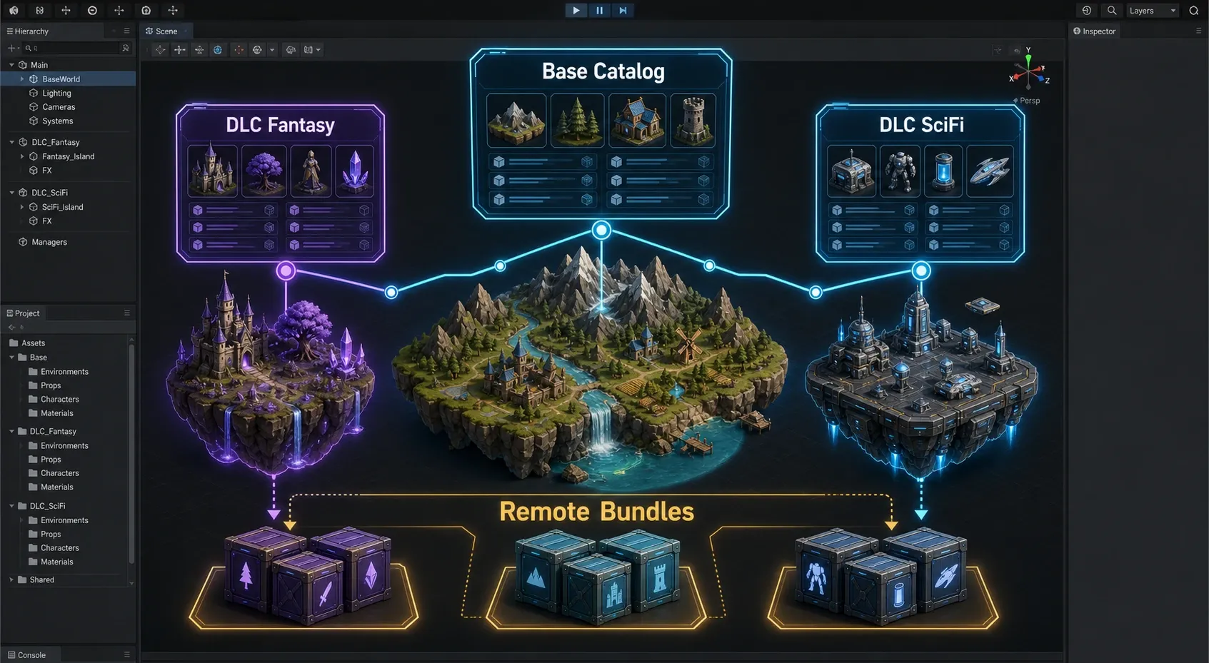 기본 콘텐츠와 DLC 콘텐츠가 각각 독립 카탈로그와 원격 번들로 구성된 예시