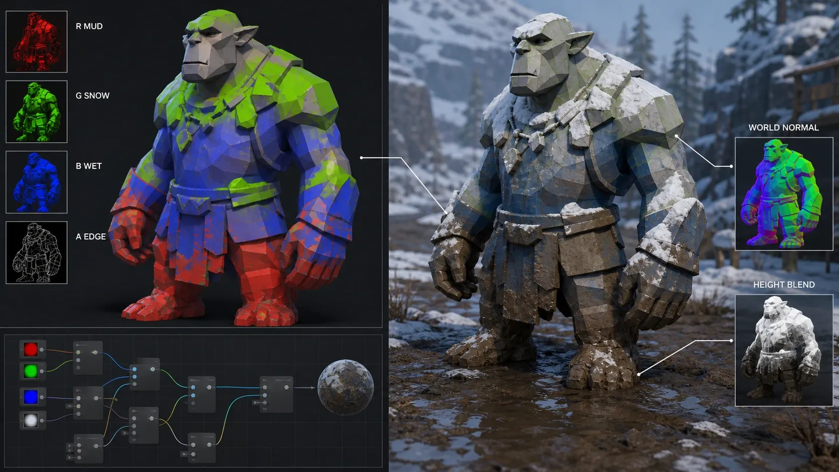 Vertex Color RGBA 채널을 머드, 눈, 젖음도 마스크로 구분해 페인팅한 3D 메시 예시