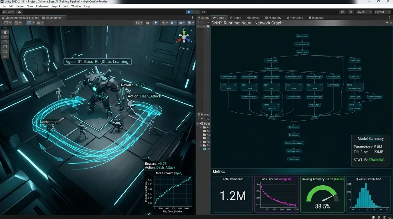 훈련 전용 아레나와 ONNX 런타임 추론으로 나뉜 Unity ML-Agents 보스 학습 파이프라인