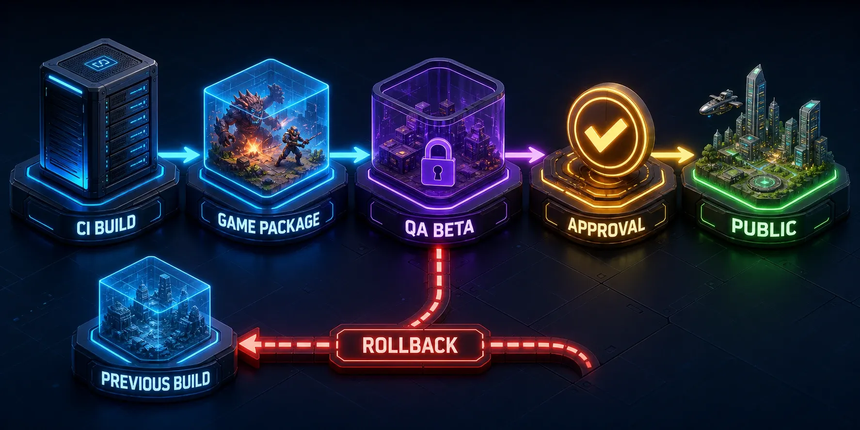 CI 서버에서 게임 빌드를 만들고 Steam QA 브랜치로 업로드한 뒤 공개 브랜치로 승격하는 파이프라인