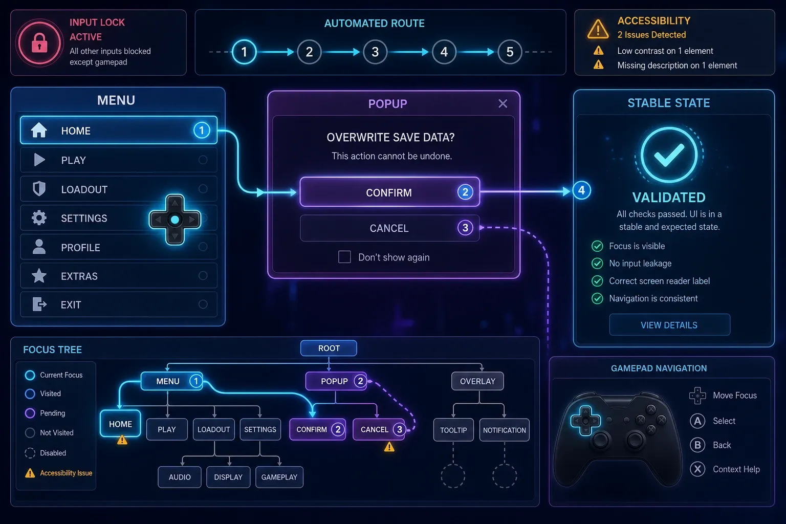 게임패드 입력과 포커스 이동 경로를 보여 주는 인게임 UI 테스트 화면
