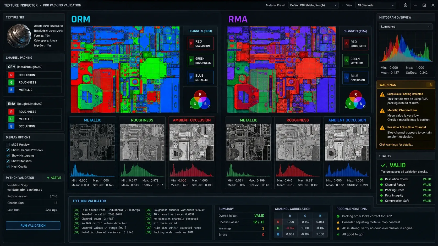 ORM과 RMA의 RGB 채널 매핑을 비교하는 PBR 텍스처 검수 개념도