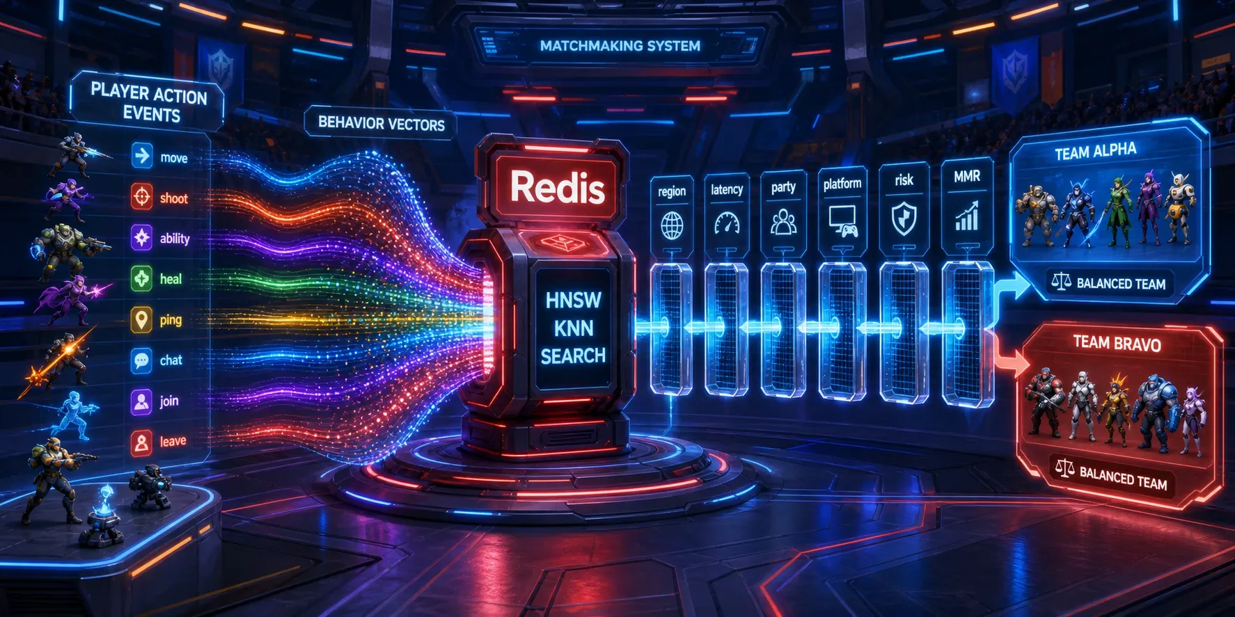 플레이어 행동 이벤트에서 성향 벡터를 만들고 Redis KNN 검색 뒤 규칙 필터링으로 매치를 확정하는 서버 아키텍처