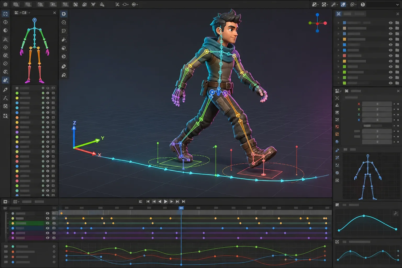 AI 모션 캡처 스켈레톤과 게임 캐릭터 리그의 관절 대응을 표현한 Blender 스타일 개념 이미지