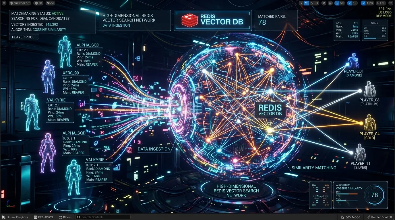 플레이어 행동 데이터가 임베딩과 Redis Vector Search를 거쳐 매치 후보로 선택되는 과정