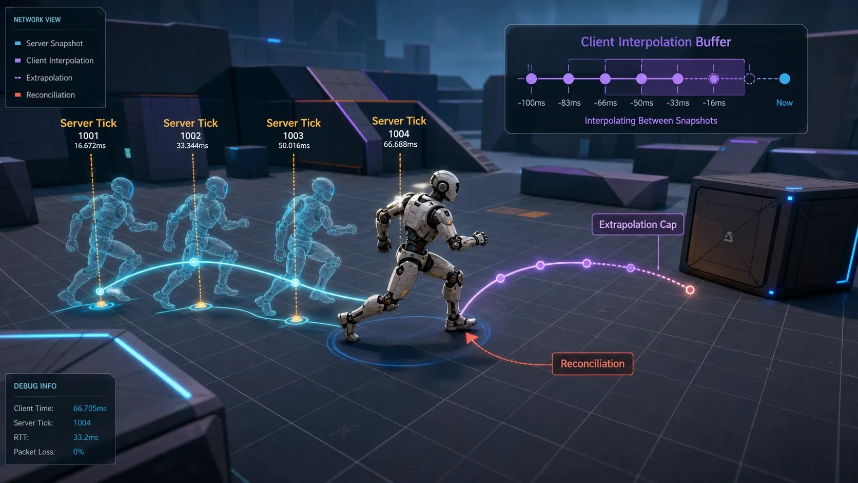 서버 Tick과 클라이언트 보간 버퍼를 설명하는 AI NPC 위치 동기화 개념도