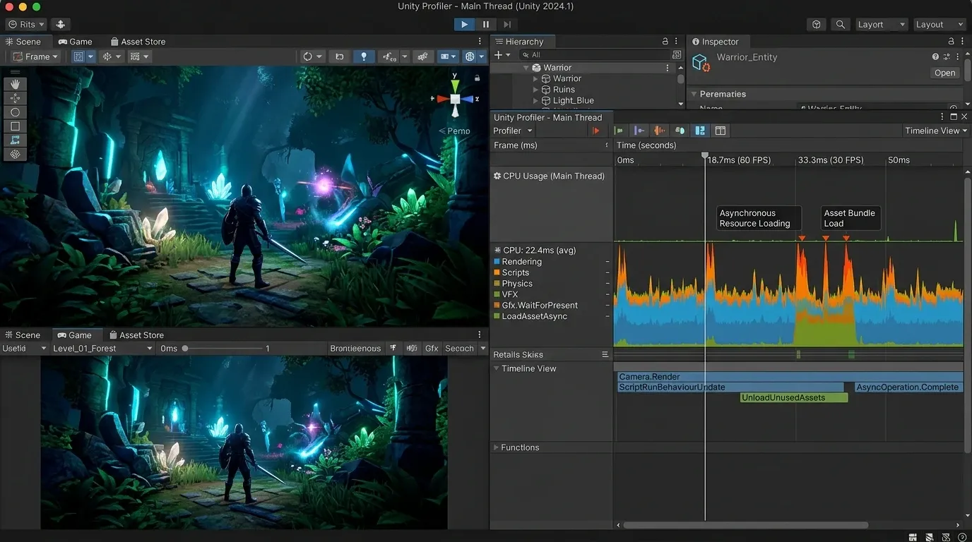 Unity Profiler에서 로딩 구간의 메인 스레드 프레임 시간을 확인하는 화면