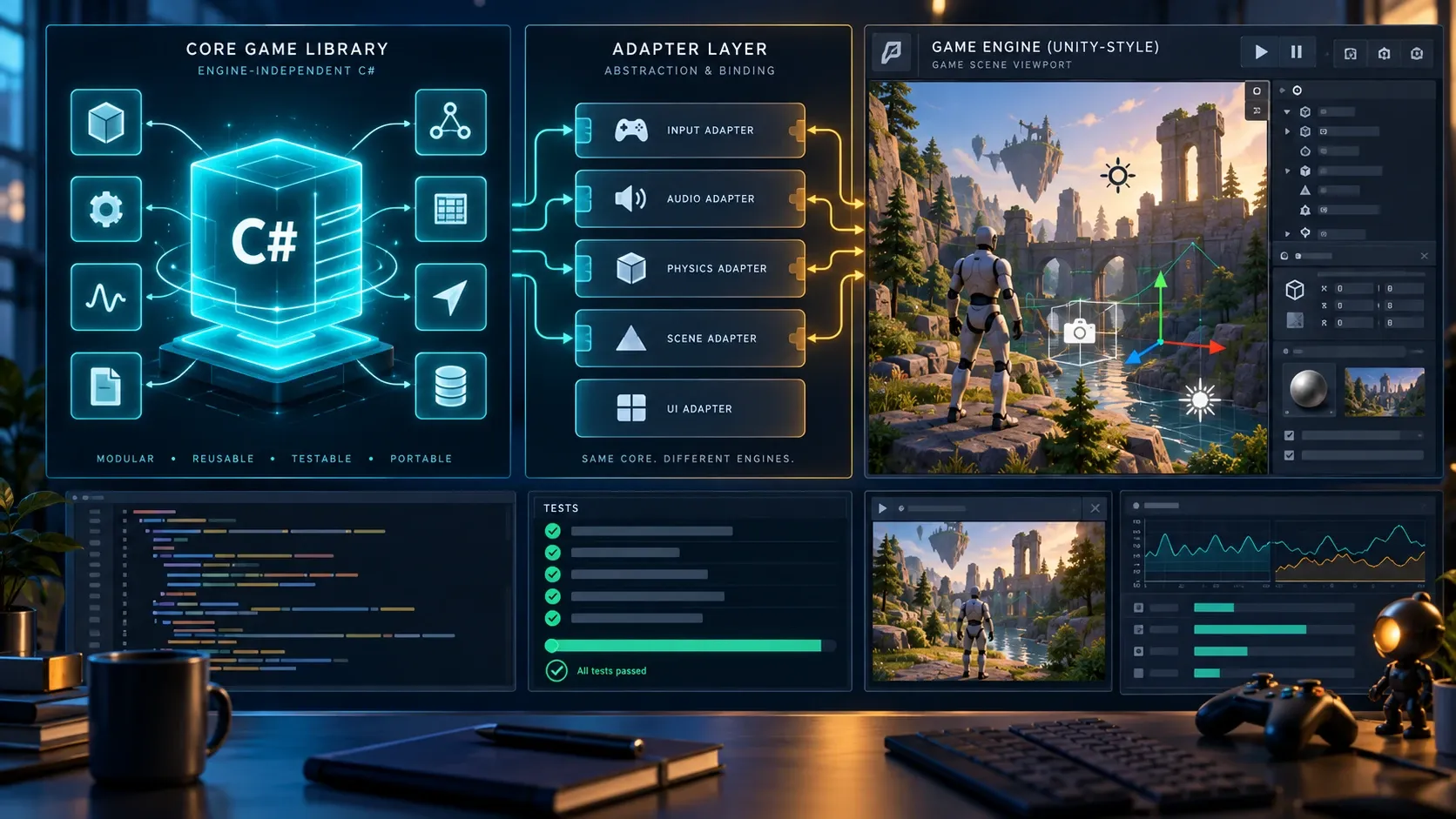 순수 C# 코어와 Unity 어댑터로 분리된 게임 라이브러리 구조