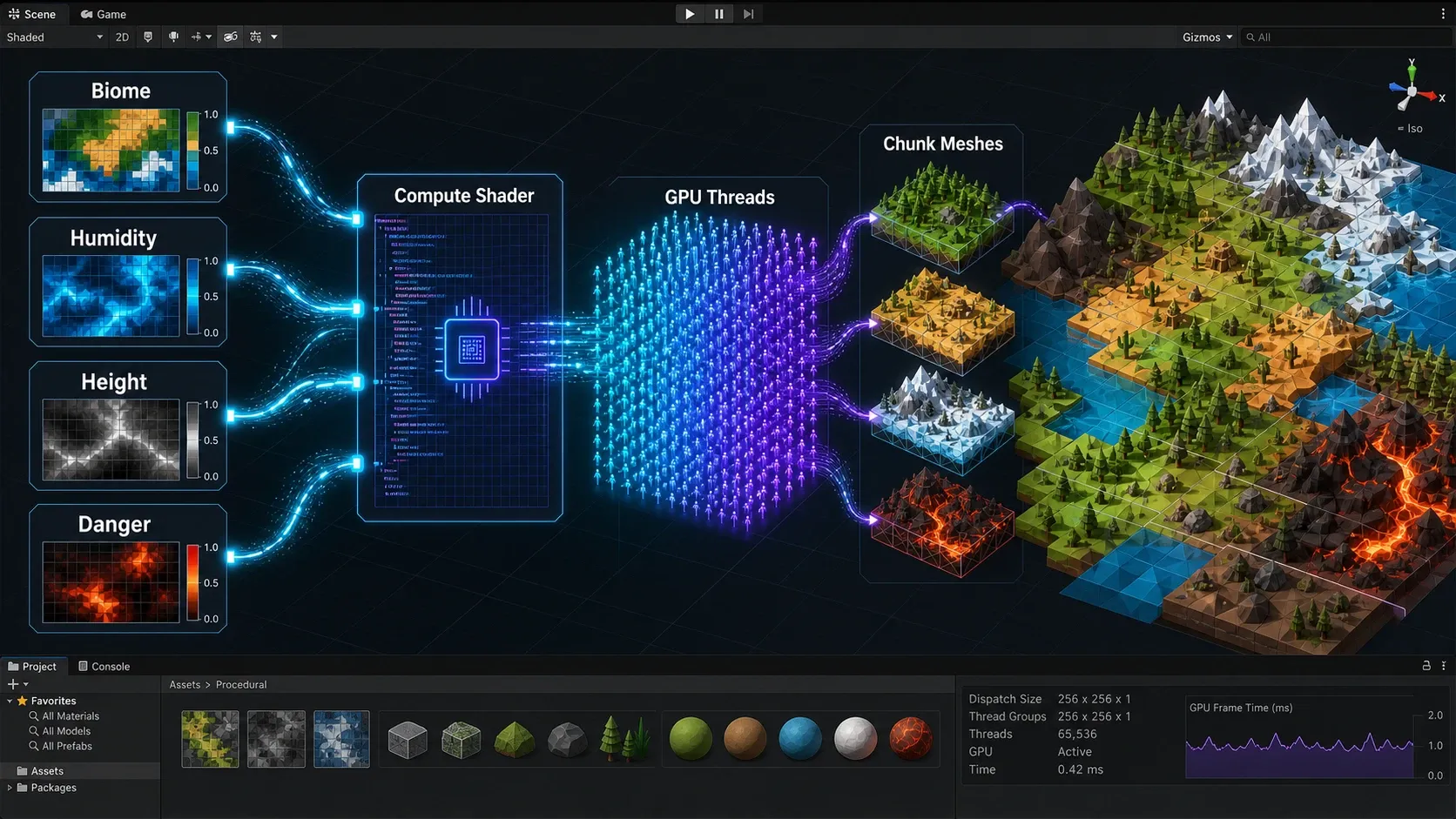 AI 생물군계 파라미터가 Compute Shader를 거쳐 청크 메시로 변환되는 타일맵 PCG 파이프라인