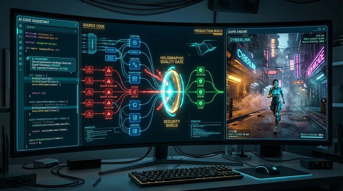 SonarQube 품질 게이트와 Copilot 코드 리뷰가 게임 빌드 파이프라인에서 보안 이슈를 거르는 흐름