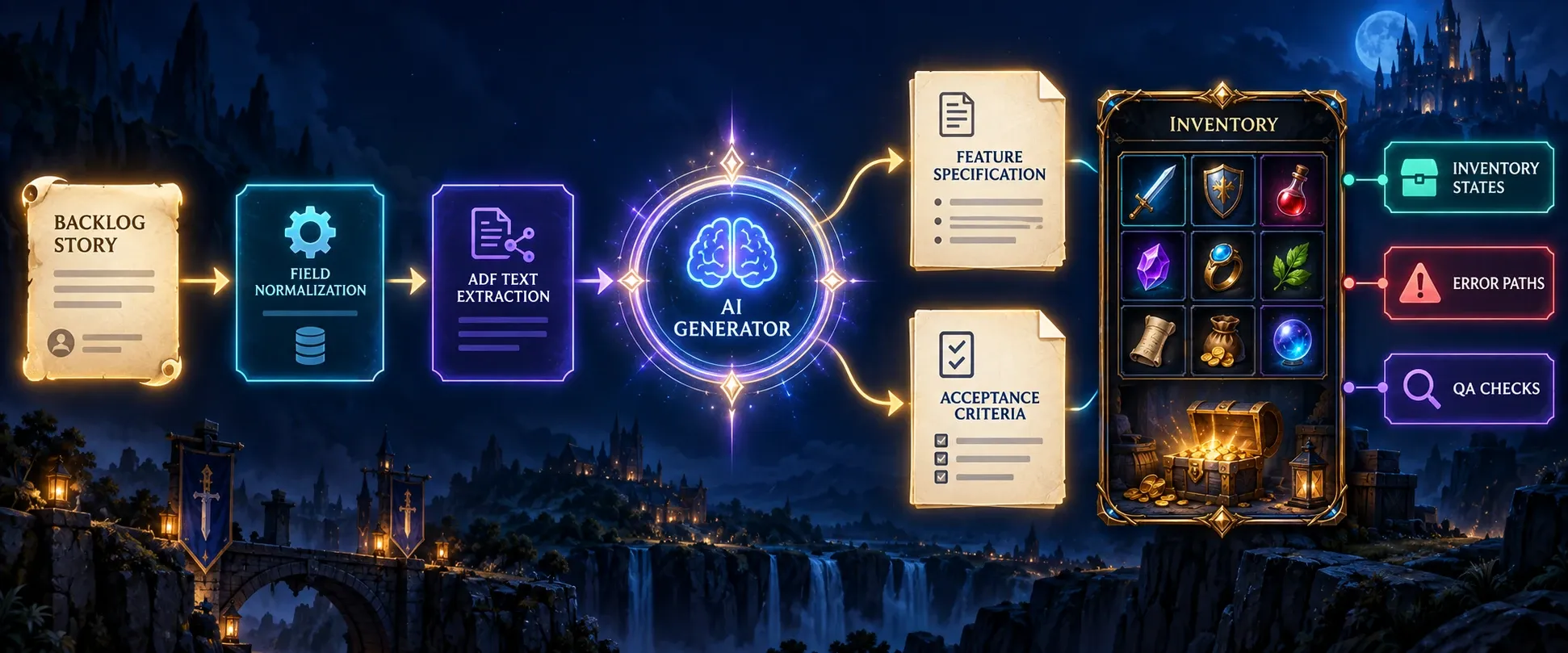 Jira 유저 스토리를 기획 명세서와 인수 조건으로 변환하는 AI 파이프라인 개념도