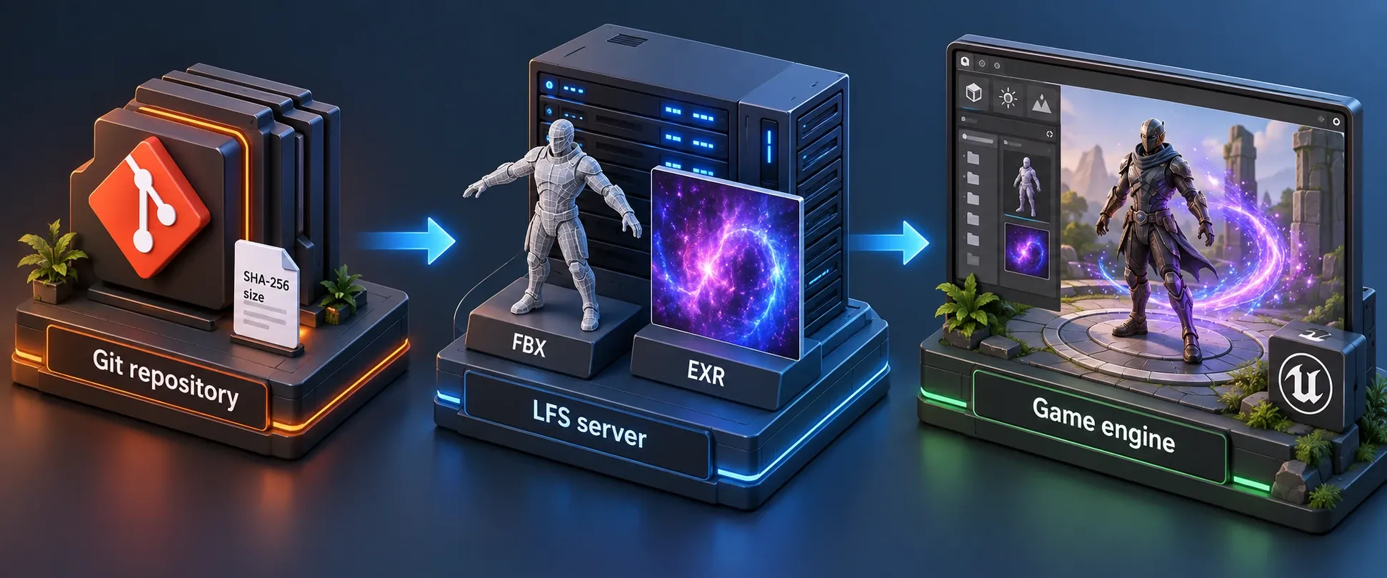 Git LFS 포인터 파일과 실제 대용량 에셋 저장 위치를 설명하는 다이어그램
