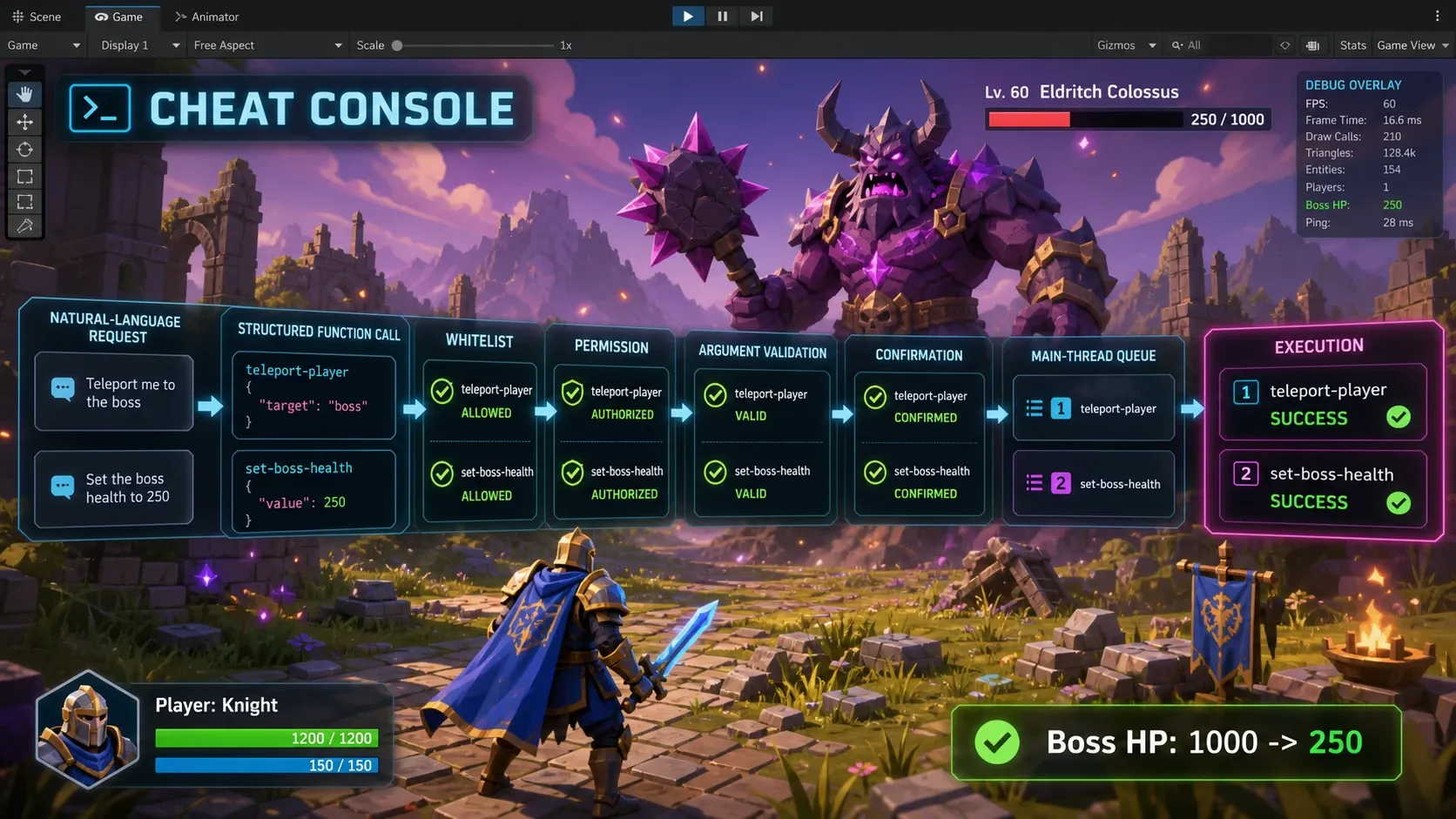 Unity 인게임 치트 콘솔에서 자연어 요청과 구조화된 함수 호출 결과를 보여주는 UI 예시