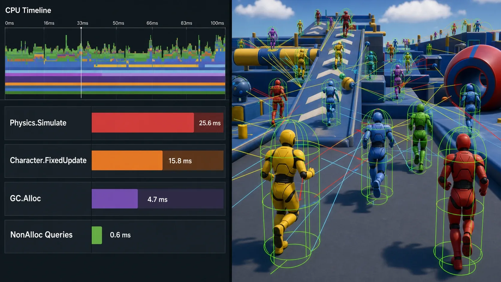 Unity Profiler에서 Physics.Simulate와 캐릭터 FixedUpdate 비용을 비교하는 예시
