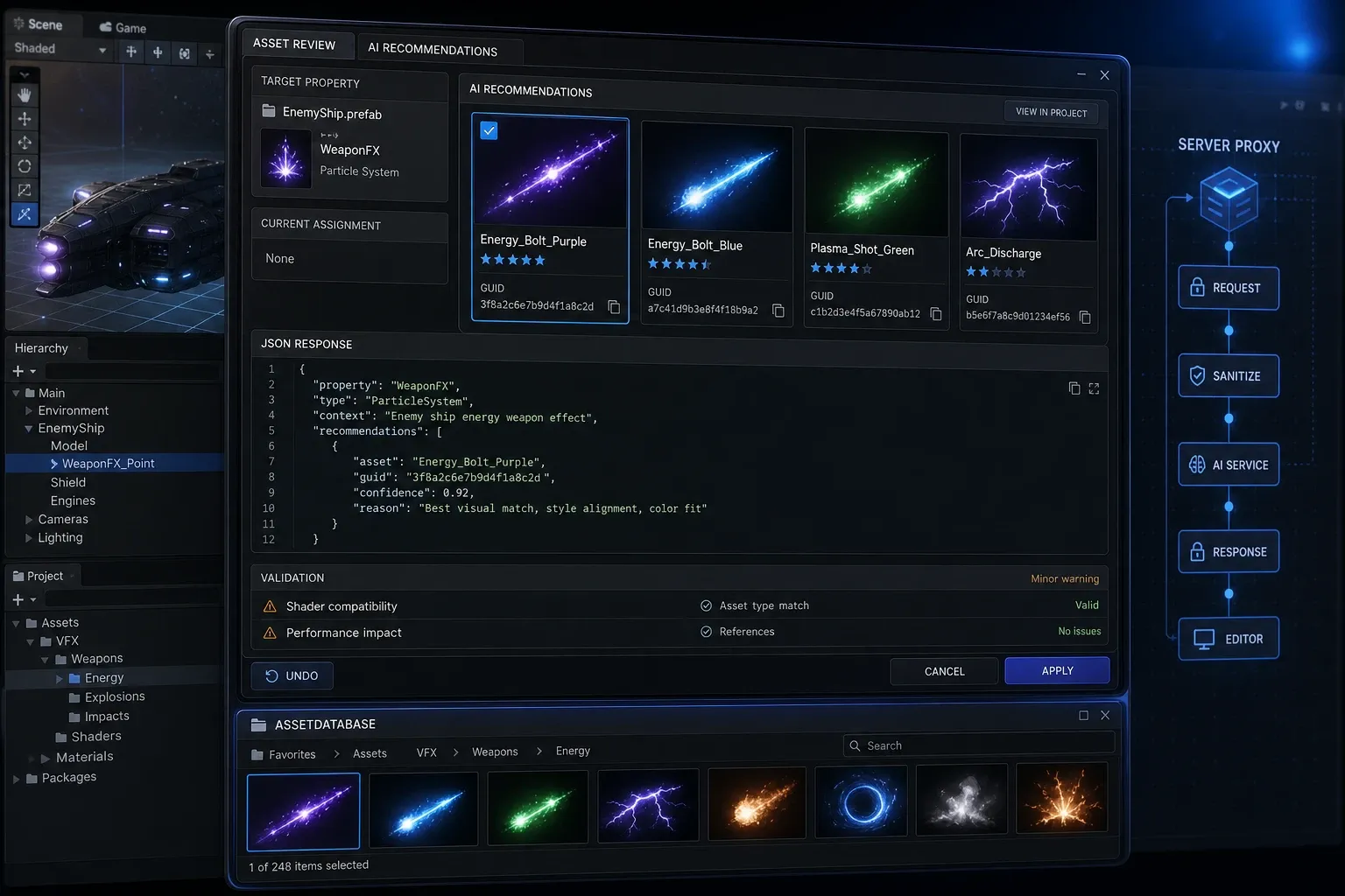 Unity 커스텀 인스펙터에서 아이콘과 프리팹 자동 연결 후보를 검토하는 화면