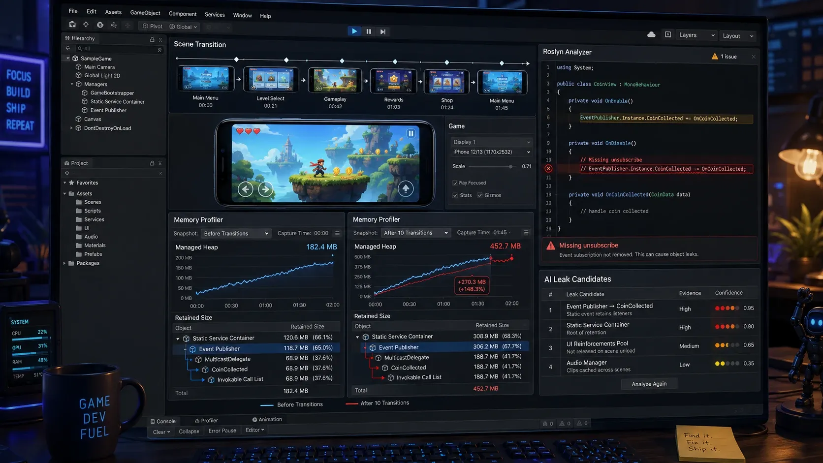 Unity Memory Profiler에서 씬 반복 전후 Managed Heap과 Retained Size를 비교하는 화면