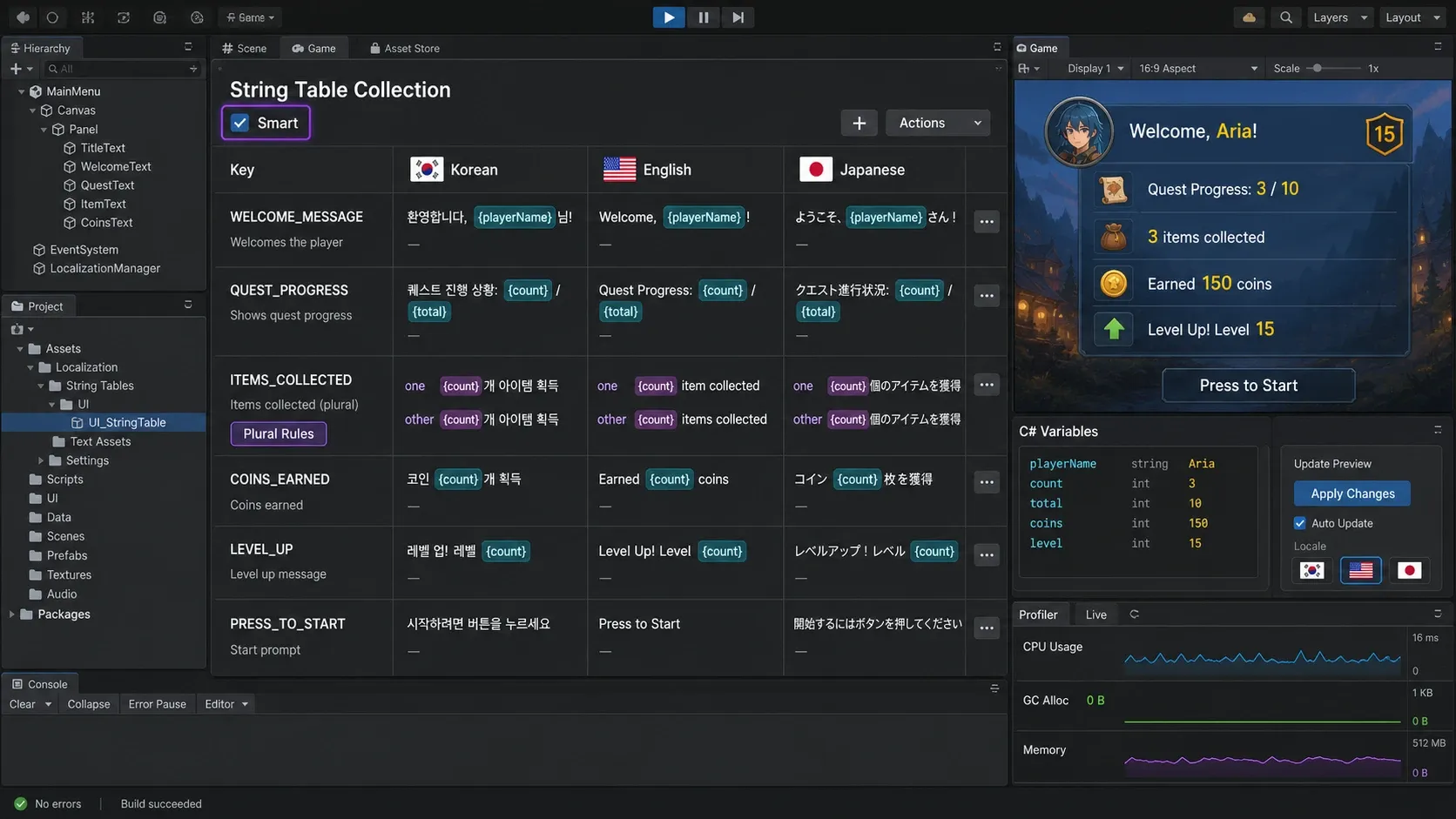 Unity Localization Table에서 Smart String 옵션을 활성화하는 화면