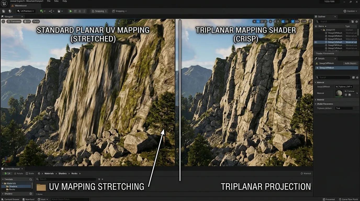 수평면 UV로 인한 절벽 텍스처 스트레칭과 Triplanar Mapping 비교