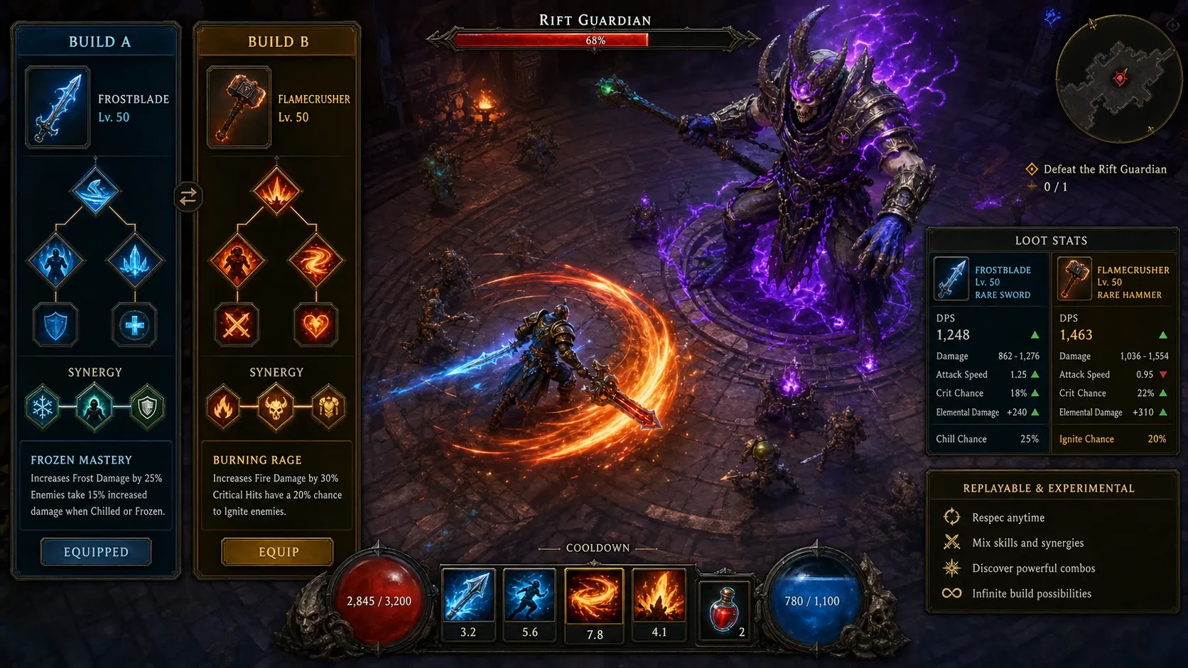 무기와 스킬 조합을 비교하며 빌드를 구성하는 인디 ARPG 플레이 화면