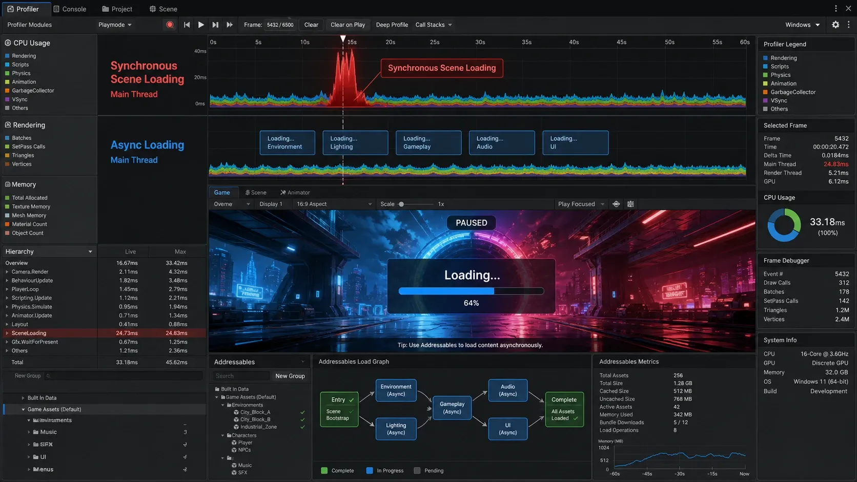 Unity Profiler Timeline에서 메인 스레드의 동기 씬 로딩 스파이크를 확인하는 예시