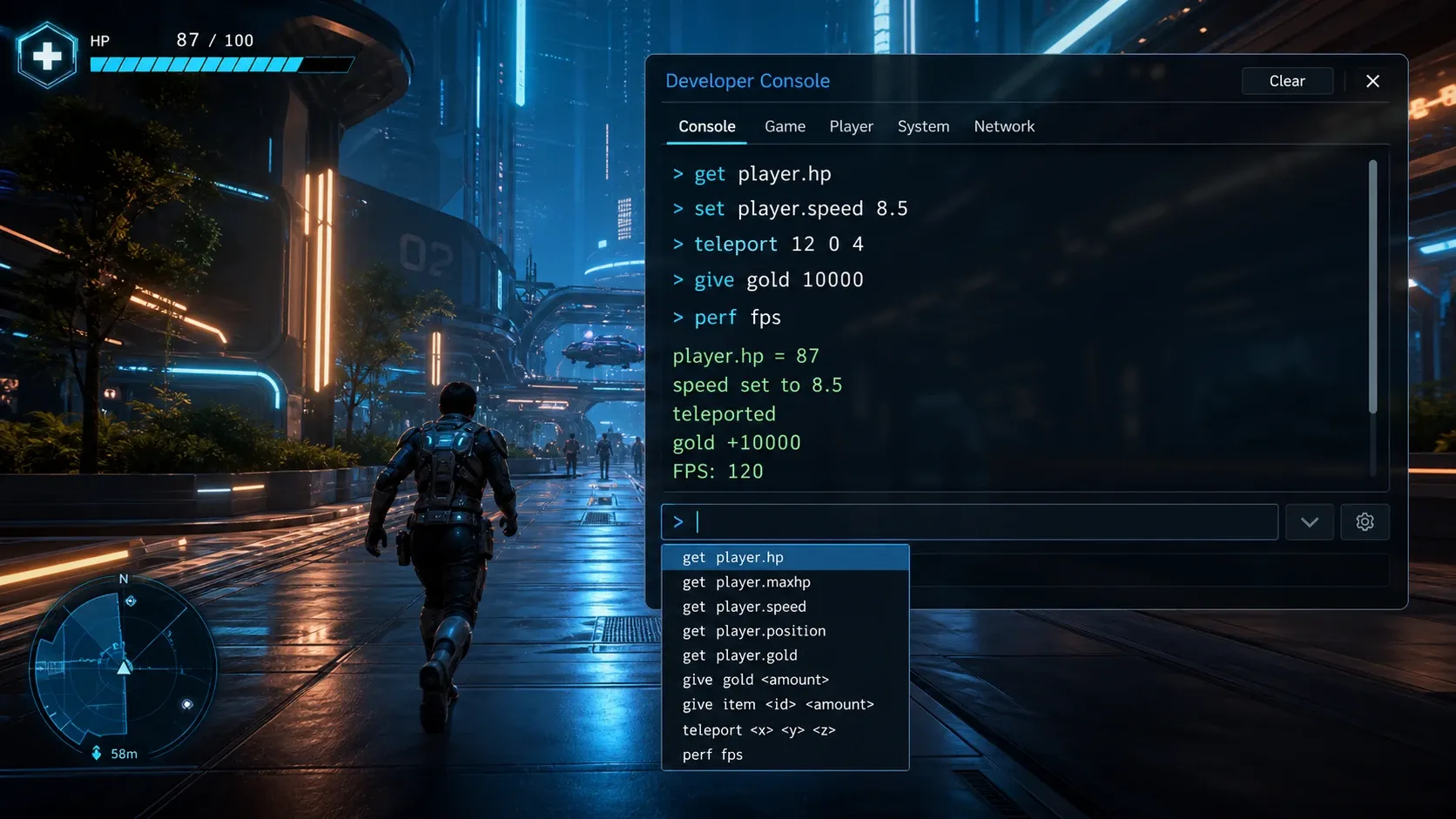 Unity 게임 화면 위에 오버레이된 개발자 전용 콘솔과 명령어 입력 예시