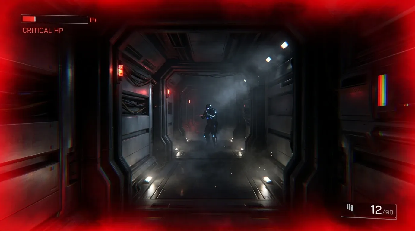 저체력 상태에서 화면 가장자리만 붉게 강조하고 중앙 시야는 유지하는 비네트 연출 예시