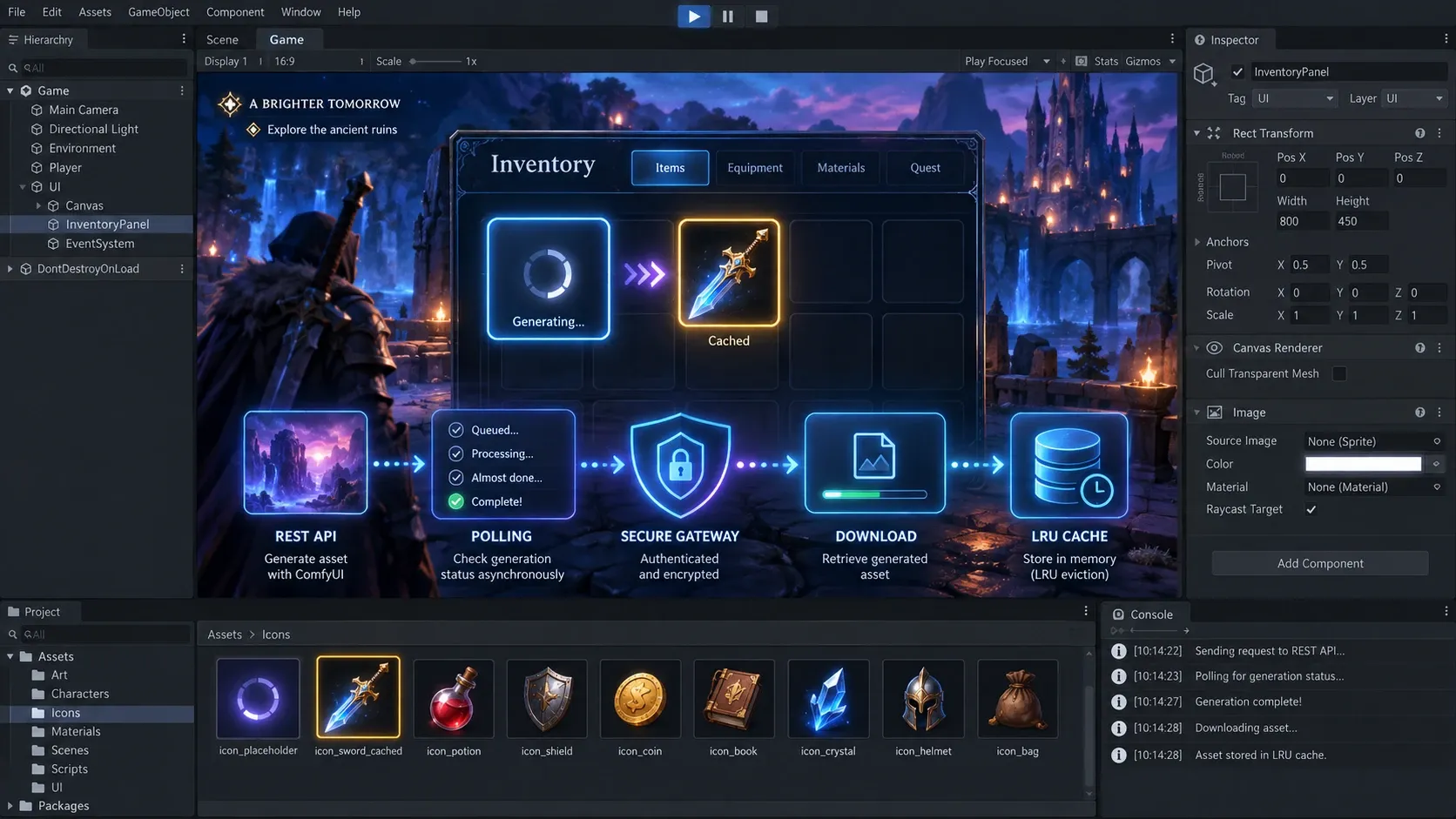 생성 대기 중 플레이스홀더에서 캐시된 Sprite로 전환되는 Unity UI 예시
