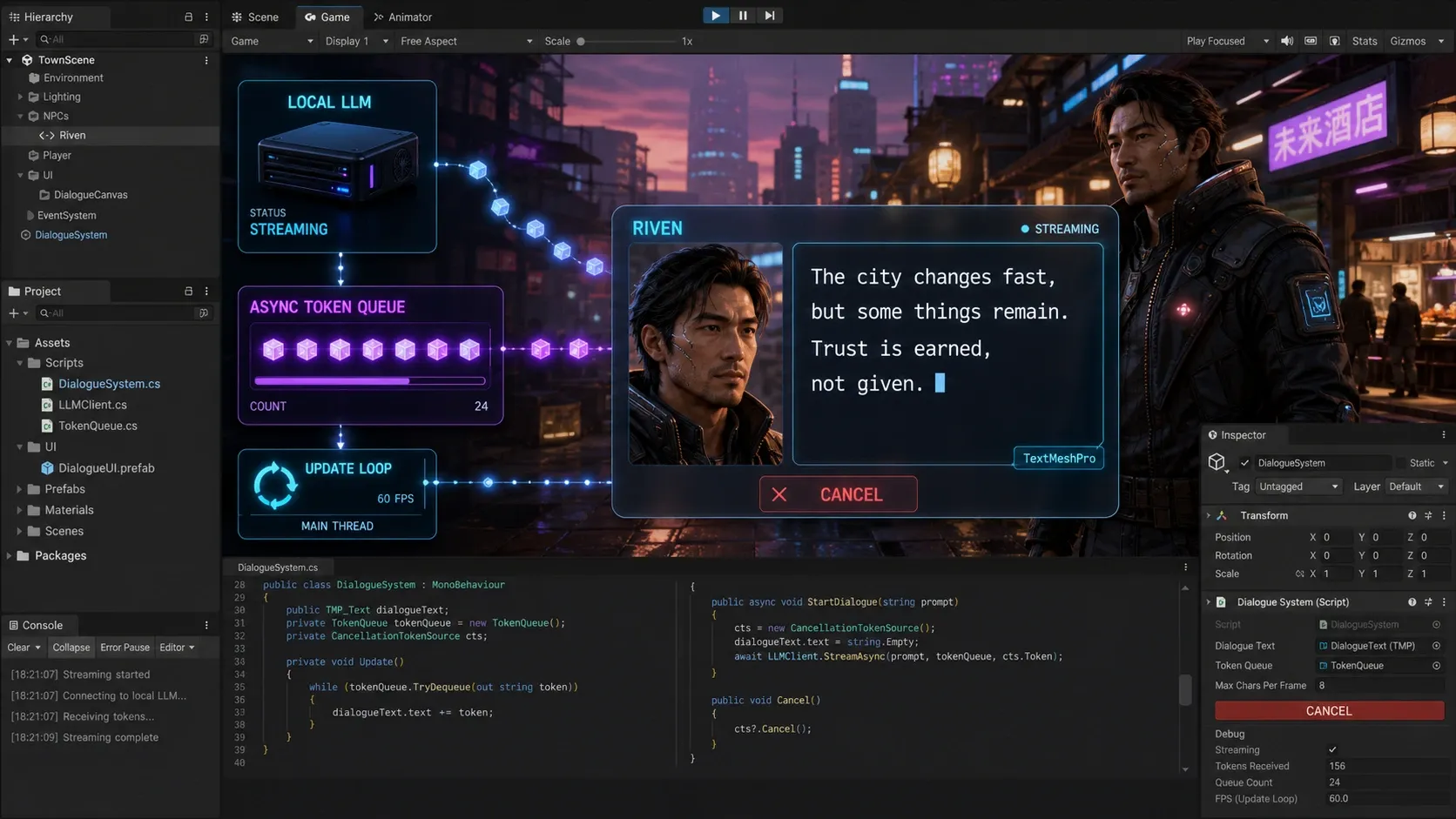 스트리밍 토큰 큐를 Update에서 소비해 TMP 텍스트를 메인 스레드에서 갱신하는 Unity UI 흐름