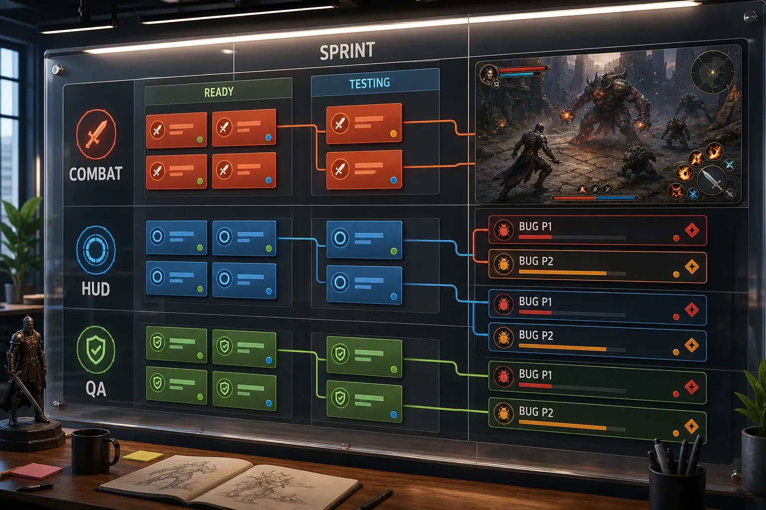 전투 콘텐츠, UI, QA가 연결된 ARPG 제작 일정 보드 예시