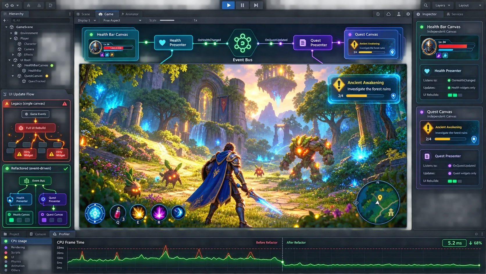 체력바와 퀘스트 알림을 별도 Canvas와 Presenter로 분리한 Unity UI 구조