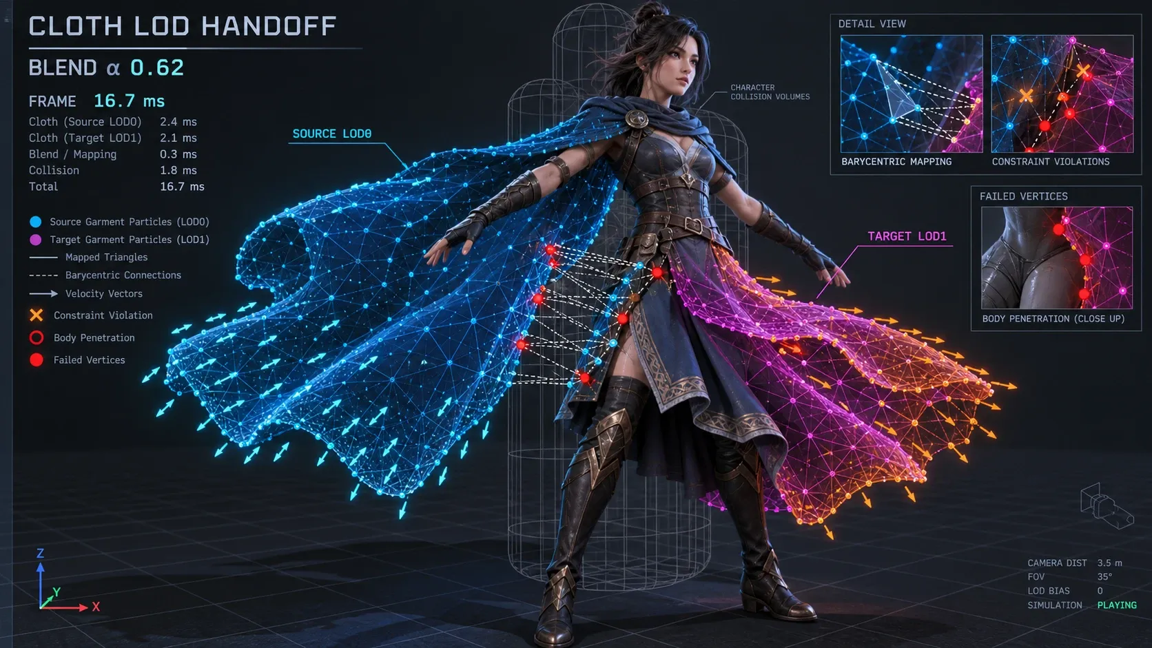 LOD 전환 직후의 파티클 위치, 속도 벡터, 매핑 실패 버텍스를 보여주는 디버그 오버레이 예시