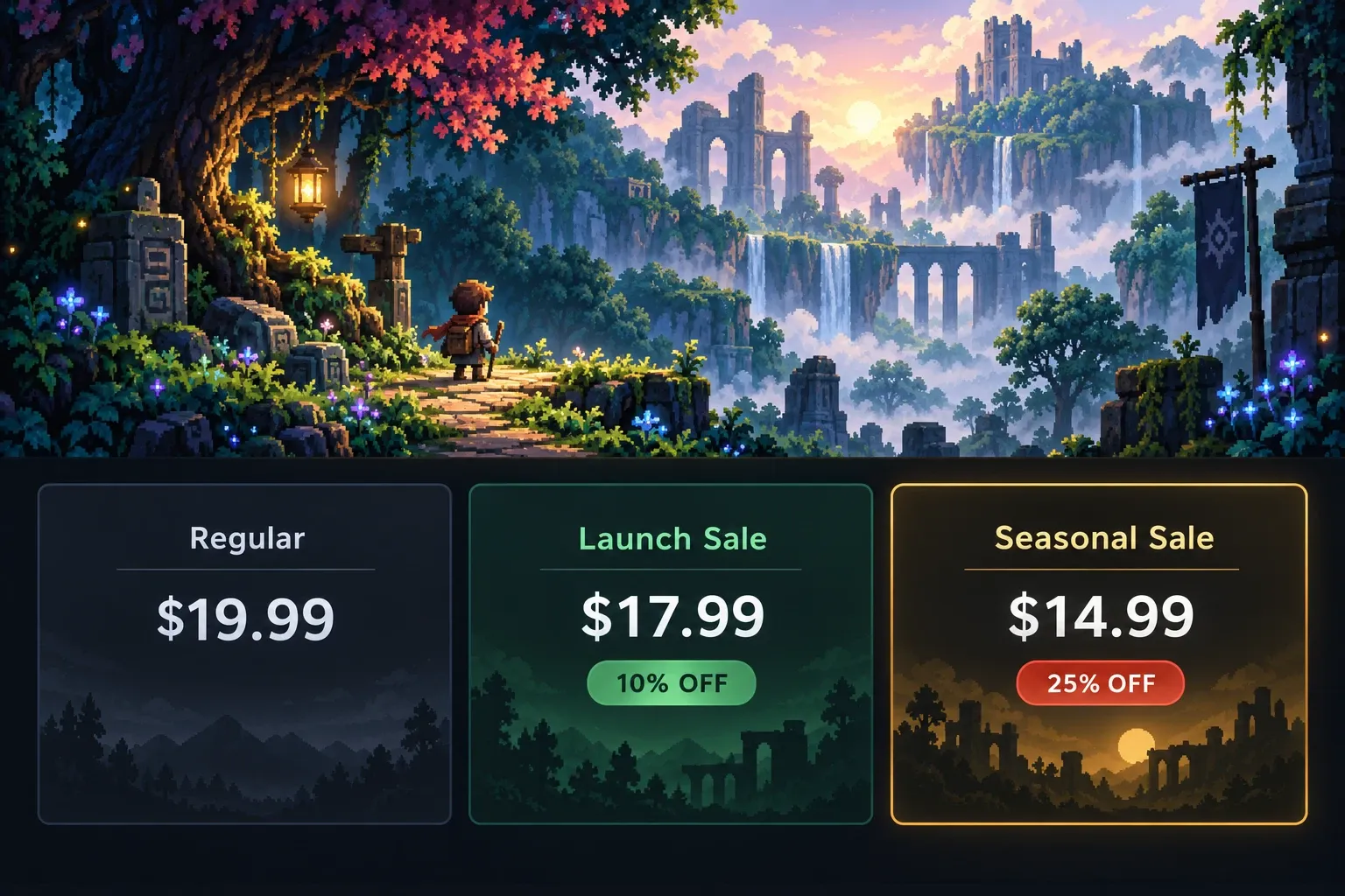 정가와 출시 할인, 계절 할인에 따른 체감 가격을 비교하는 Steam 가격 전략 예시