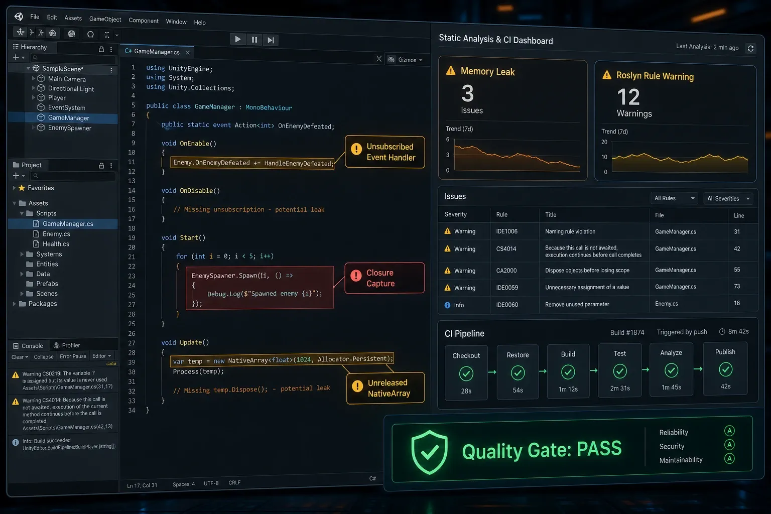 SonarQube 대시보드에서 검출된 잠재적 메모리 누수 코드 및 Quality Gate 통과 여부