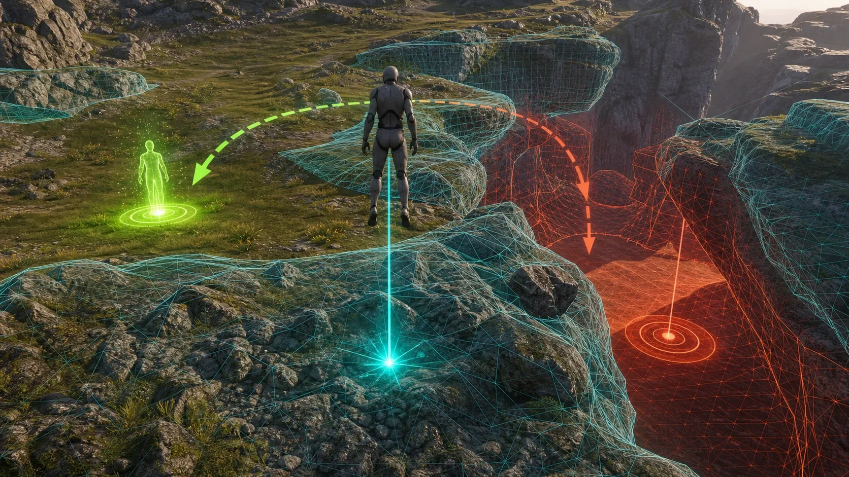 Raycast 지면 검증 결과와 마지막 안전 위치를 Unity Gizmos로 표시한 디버그 화면
