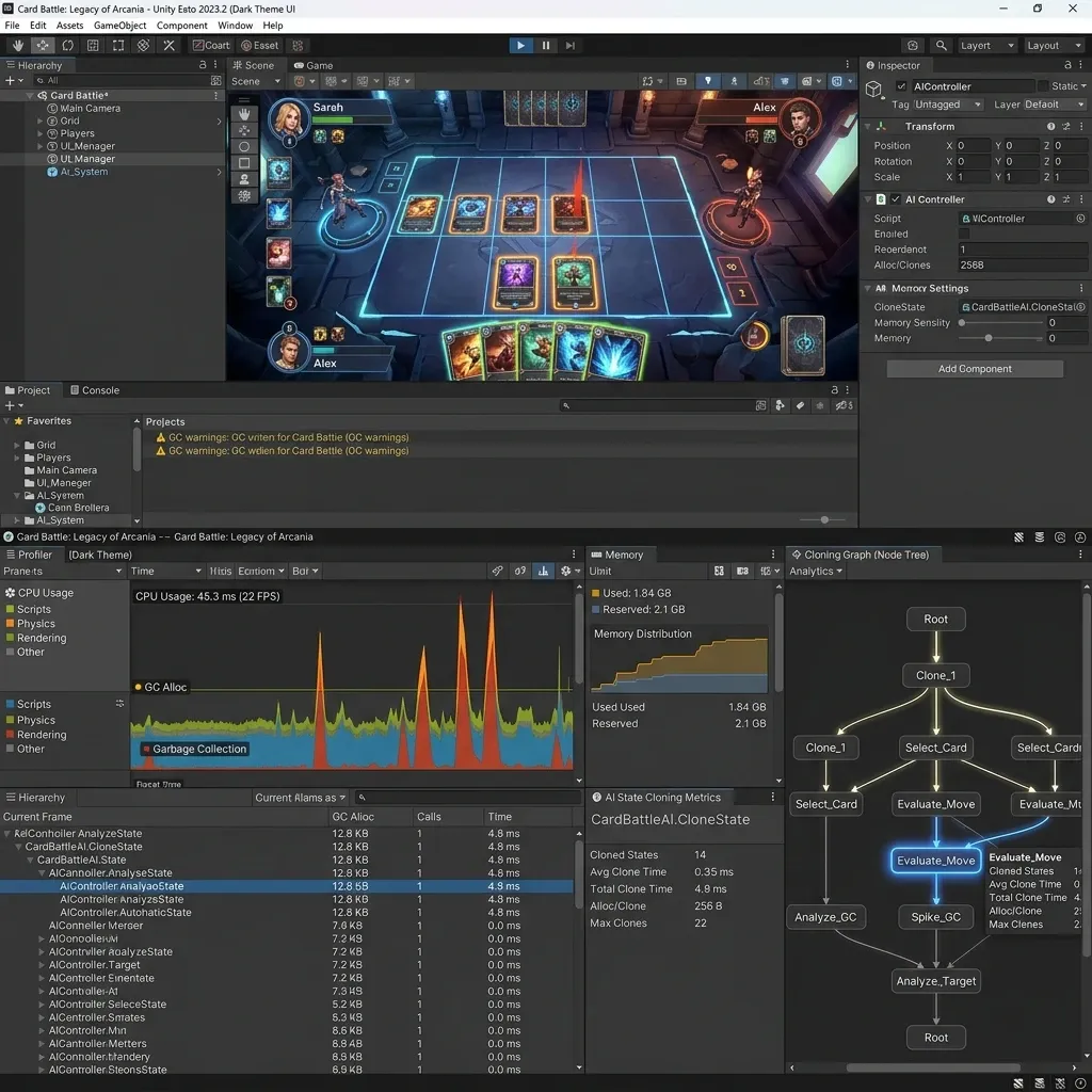 Unity Profiler에서 MCTS 상태 복제와 행동 생성의 GC 할당량을 비교하는 화면