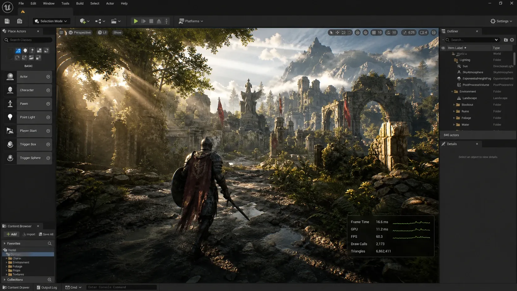 Unreal Engine 5에서 조명과 대규모 3D 환경을 검토하는 게임 개발 장면