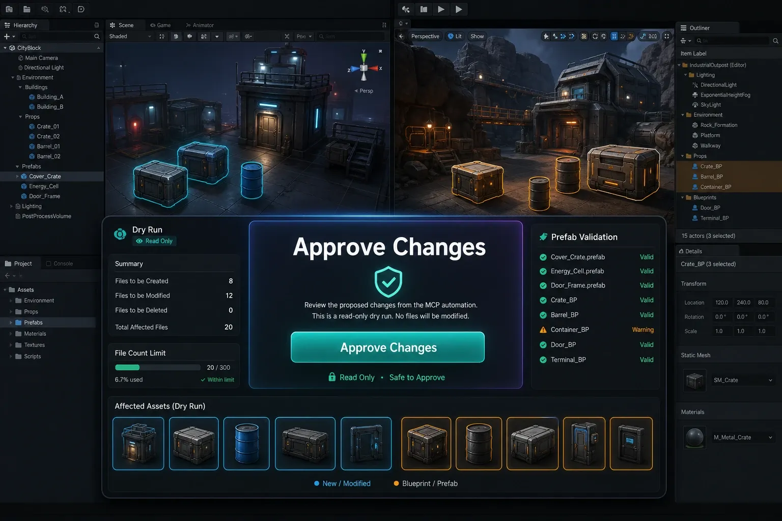 드라이런 결과를 검토한 뒤 Unity 또는 Unreal 에셋 변경을 승인하는 자동화 화면