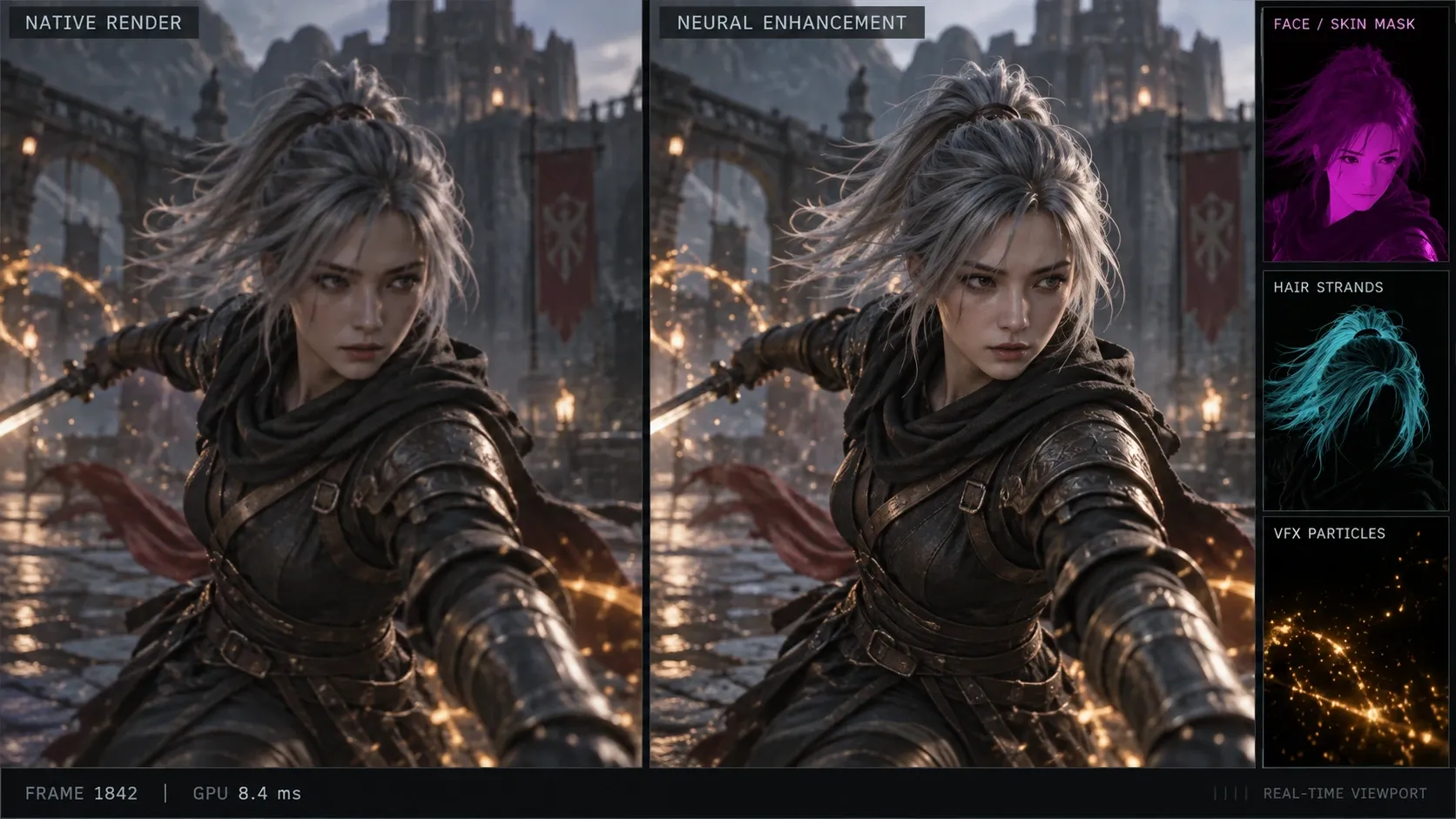 캐릭터·헤어·VFX에 서로 다른 뉴럴 렌더링 마스크를 적용한 디버그 뷰