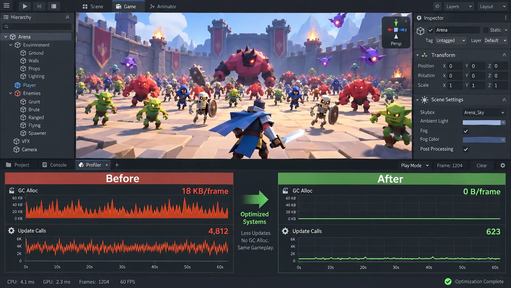 Unity Profiler에서 Update 호출과 GC Allocation을 비교 검증하는 예시
