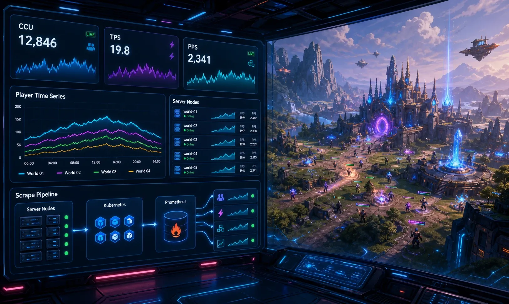 Grafana 게임 서버 대시보드 구성 화면